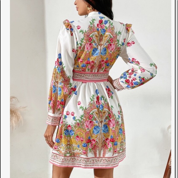 Boho Floral Print High Neck Collar Puff Sleeve Shirt Dress - Picture 5 of 6